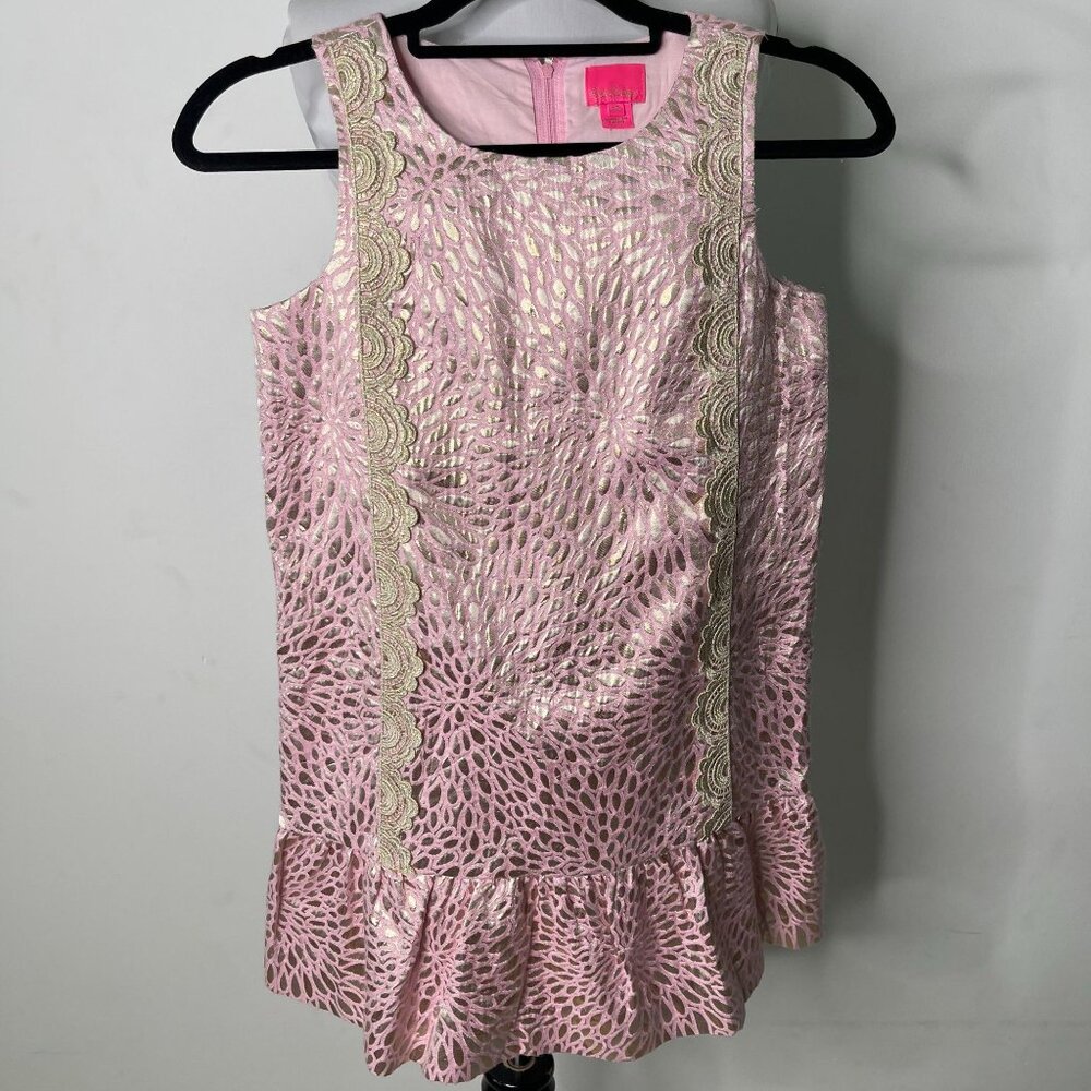 Lilly Pulitzer Girl's Prosecco Pink Gold Thalia Dress Lagoon Jacquard Size 12